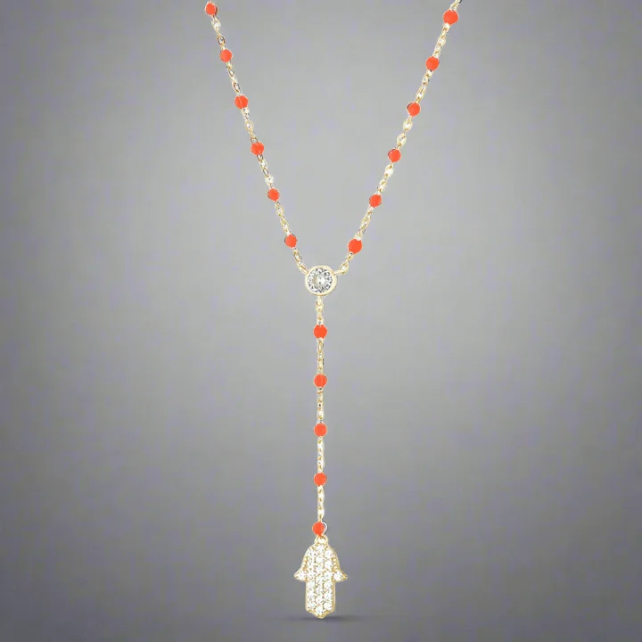 Ethnic beaded necklaces-YGP Sterling CZ Orange Enamel Hamsa Y-Necklace