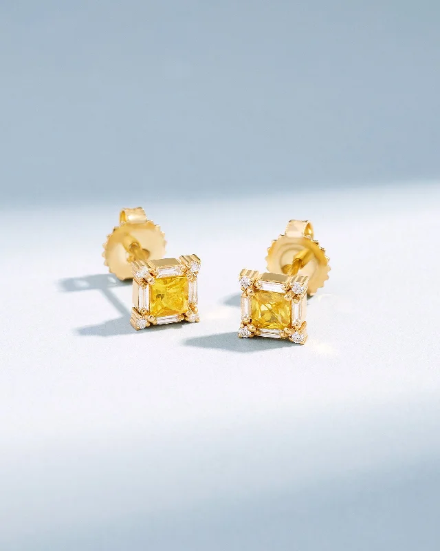 Rattan style earrings-Rattan style earrings-Princess Midi Yellow Sapphire Studs