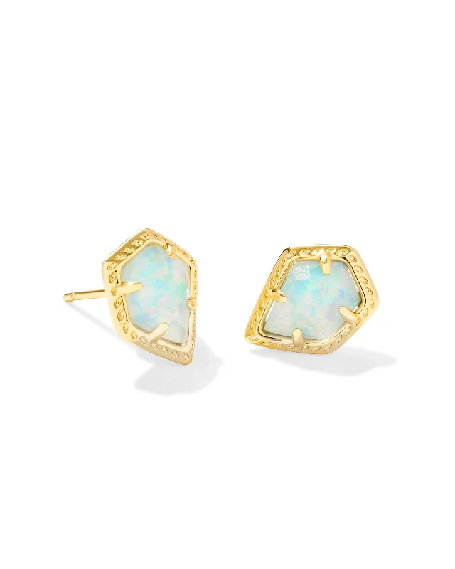 Wide hoop earrings-Wide hoop earrings-Framed Tessa Yellow Gold Plated Stud Earrings with Luster Light Blue Opal by Kendra Scott