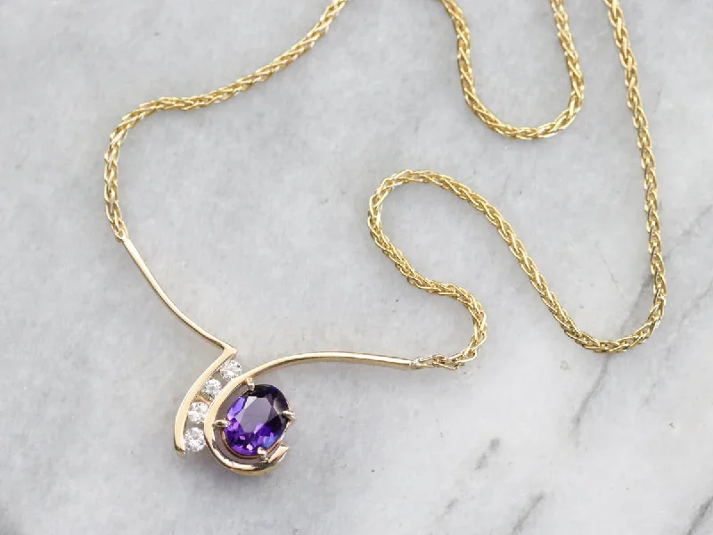 Fluid shape necklaces-Modernist Amethyst Diamond Gold Necklace