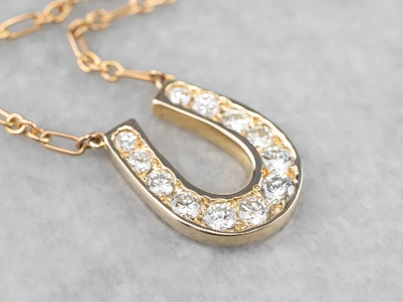 Curved pendant necklaces-Lucky Diamond Horseshoe Gold Pendant Necklace