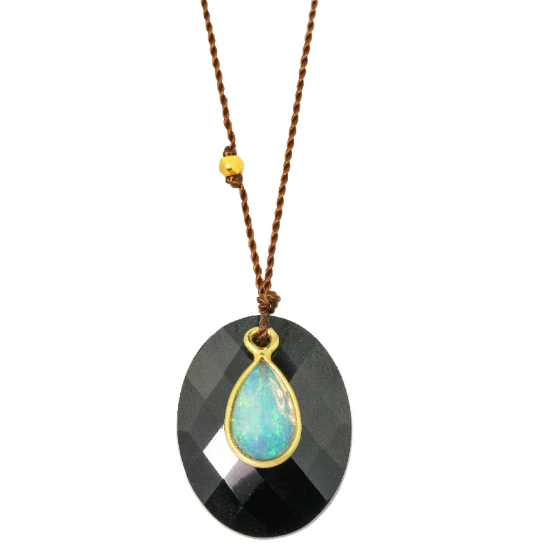 Tribal medallion necklaces-Black Spinel and Opal Necklace