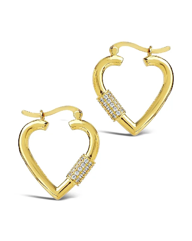 Endless loop earrings-Endless loop earrings-CZ Heart Carabiner Lock Hoops