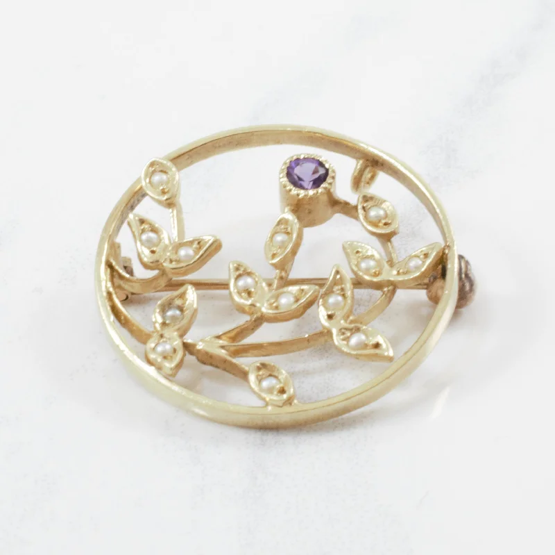 Ornate accent brooches-1950s Amethyst & Seed Pearl Brooch | 0.10ct |