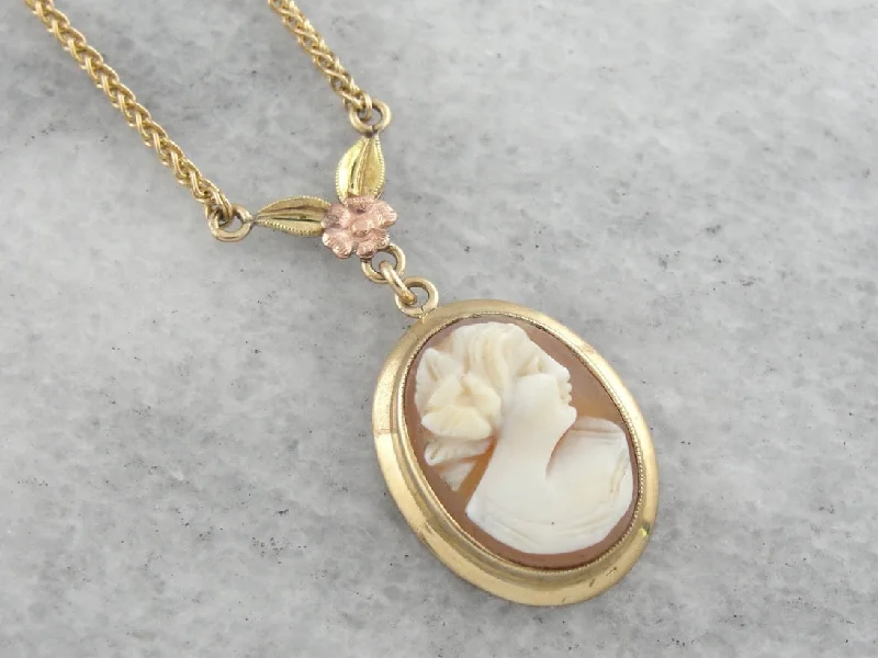 Endless knot necklaces-Retro Era Cameo Necklace with Floral Detail in Rose Gold