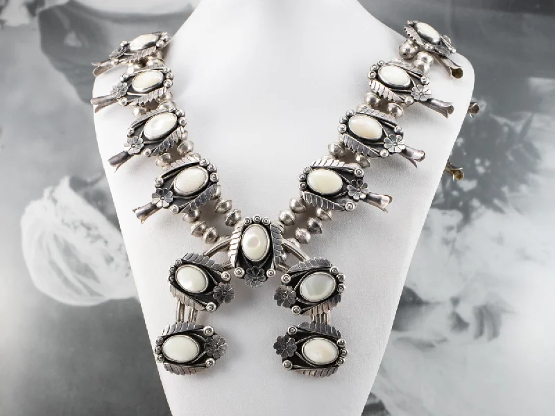 Horoscope necklaces-Mother of Pearl 1972 Native American Squash Blossom Necklace