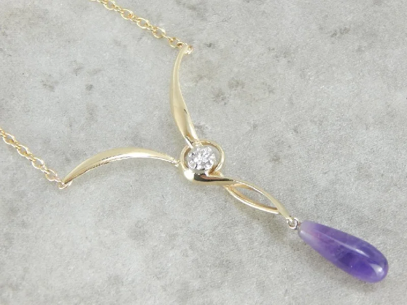 Coiled pendant necklaces-Amethyst and Diamond Drop Necklace