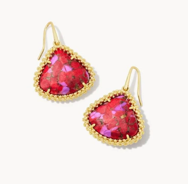 Quartz teardrop earrings-Quartz teardrop earrings-Kendrall Framed Gold Plated Large Drop Earrings in Bronze Veined Red & Fuchsia by Kendra Scott