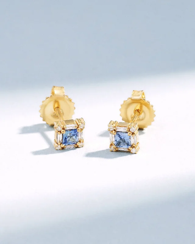 Plated gold earrings-Plated gold earrings-Princess Mini Light Blue Sapphire Studs