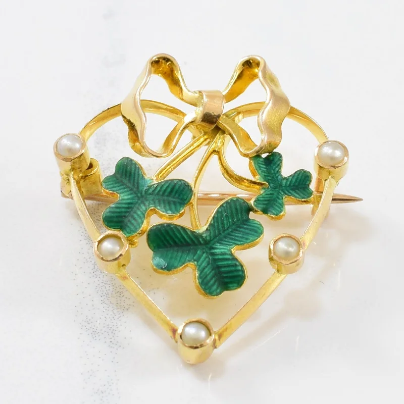 Thick enamel brooches-Early Edwardian Era Lucky Clover Heart Brooch | 0.35ctw |