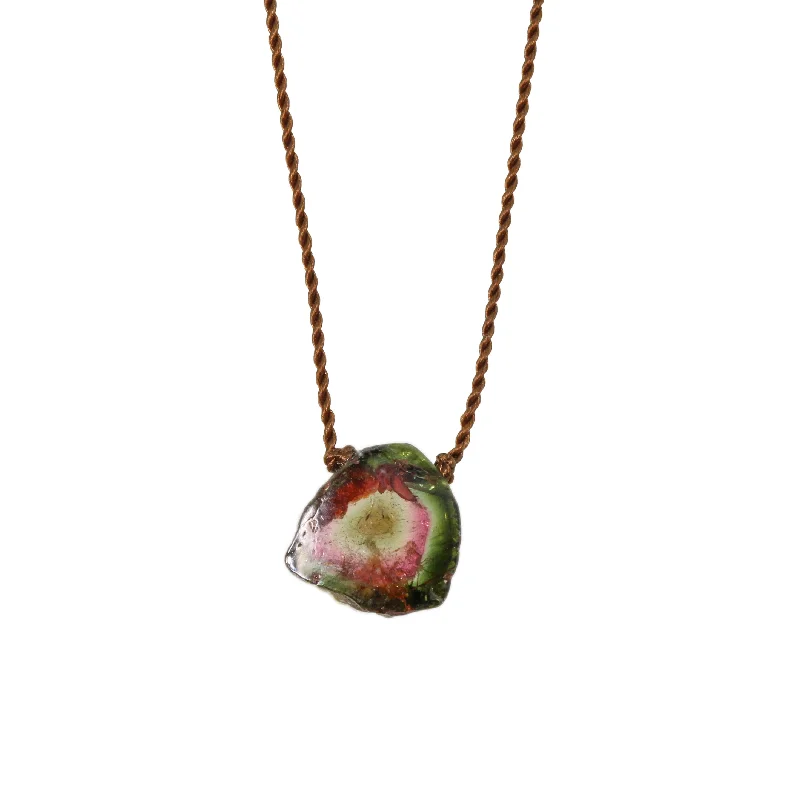 Frosted bead necklaces-Mini Watermelon Tourmaline Slice Necklace