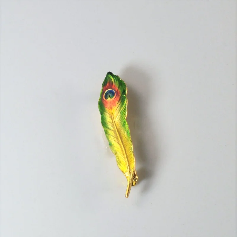 Wood grain brooches-Mid Century Enamelled Peacock Feather Brooch |