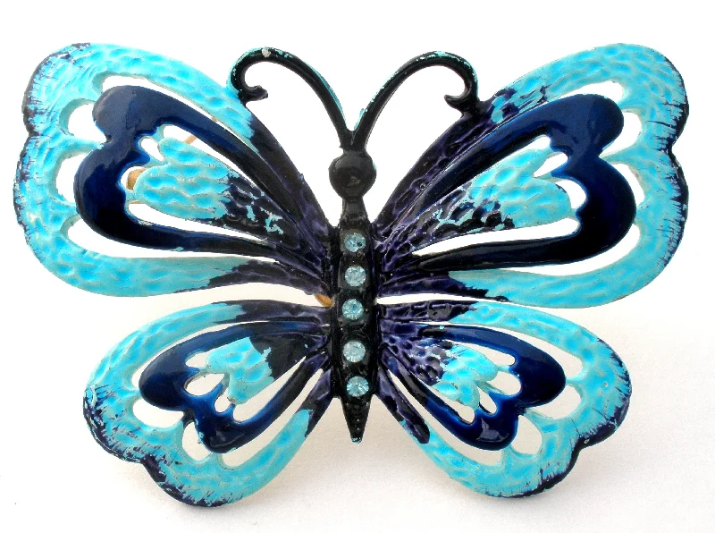 Natural wood brooches-Vintage Blue Enamel Butterfly Brooch Pin