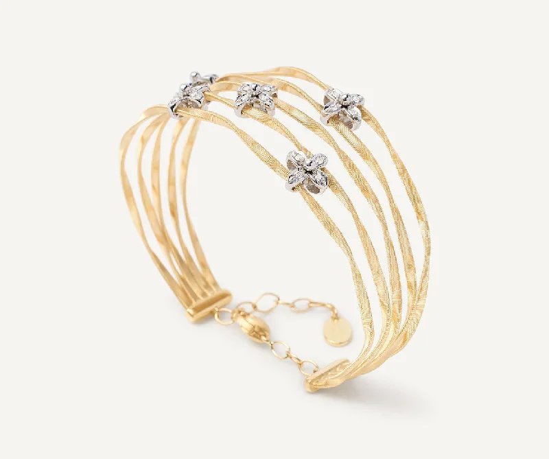 Curved cuff bracelets-18K Yellow Gold 5-Strand Bangle with Floral Diamonds