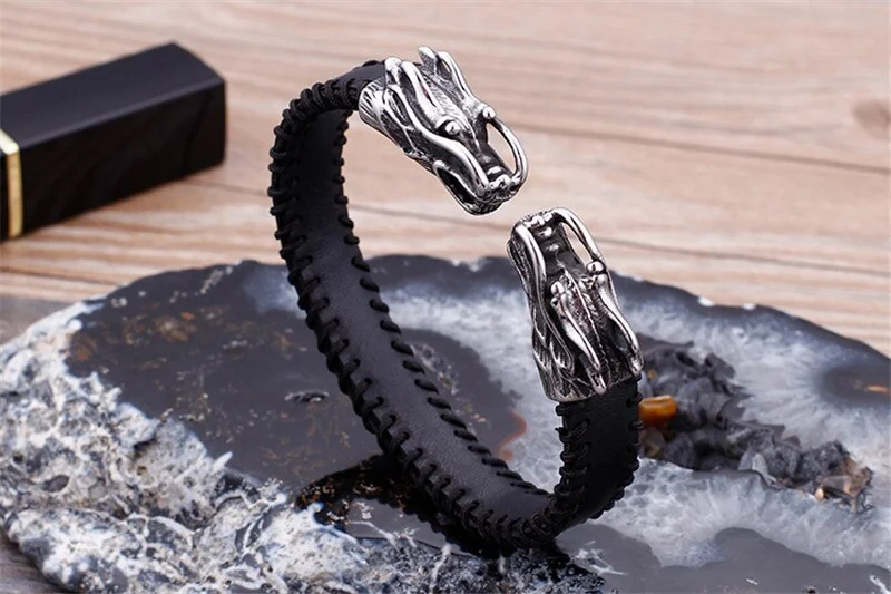 Circular design bangles-Stainless Steel Leather Double Dragons Open Cuff Bangle