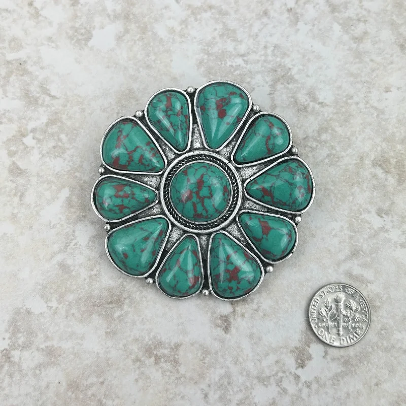 Tiered design brooches-Green Faux Turquoise w/ Brown Marbling Large Flower Concho Brooch