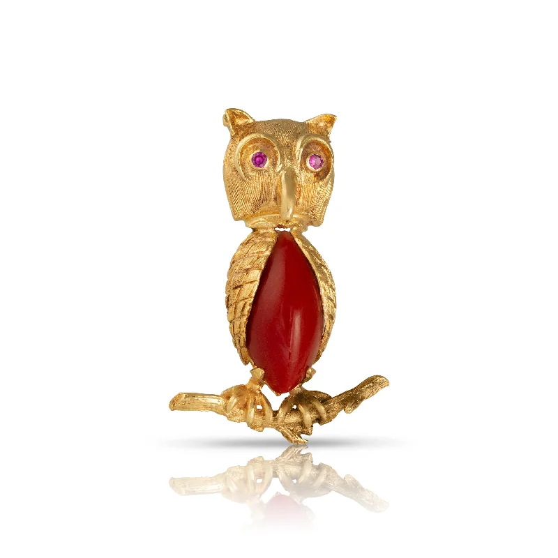 Mixed bead brooches-Vintage 18ct Gold Owl Brooch With Red Glass And Ruby