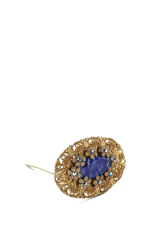 Hidden clasp brooches-Newbridge Oval Brooch with Blue Stone Settings, Gold & Blue