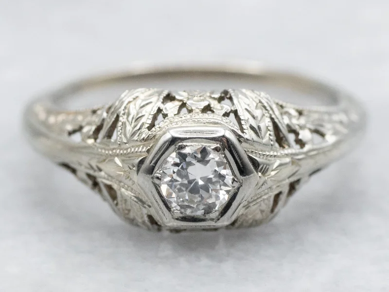 Glittering diamond rings-Floral Art Deco Diamond Solitaire Engagement Ring