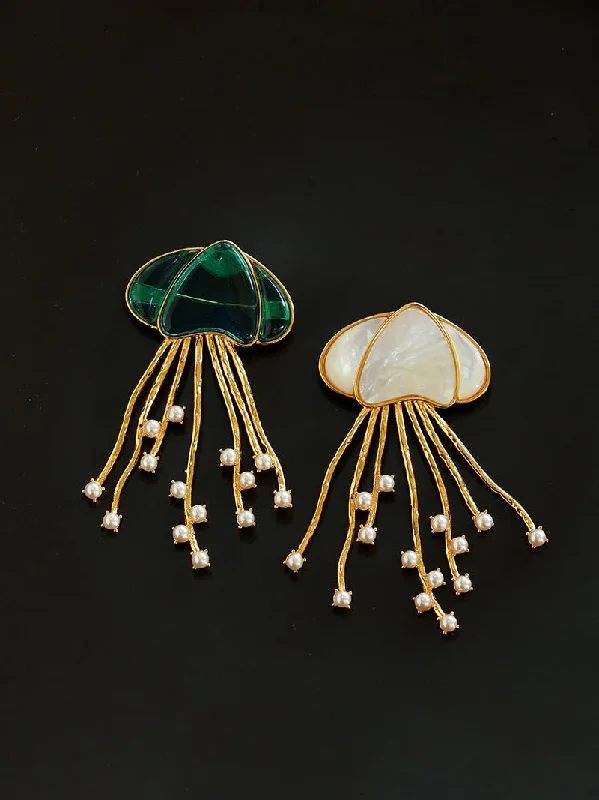 Curved gem brooches-Gray & White Mother-of-pearl Glass Jellyfish Brooch