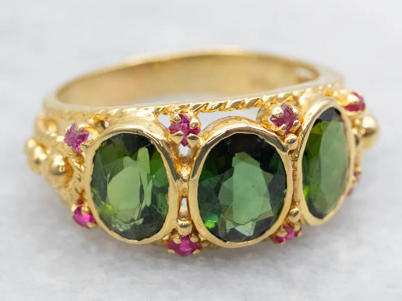 Frosted bead rings-Green Tourmaline and Ruby Ring