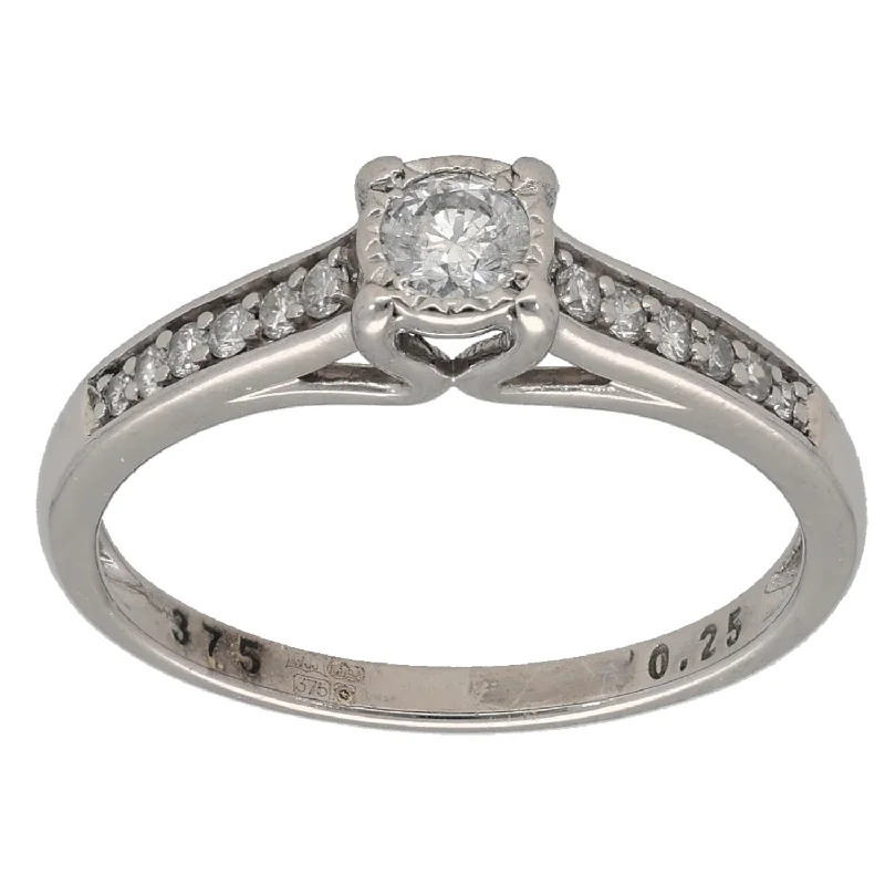 Sleek band rings-9ct White Gold 0.25ct Diamond Solitaire Ring With Accent Stones Size K