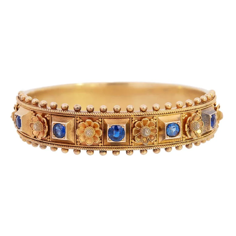 Astrology theme bracelets-Victorian 14k Sapphire Floral Motif Bangle