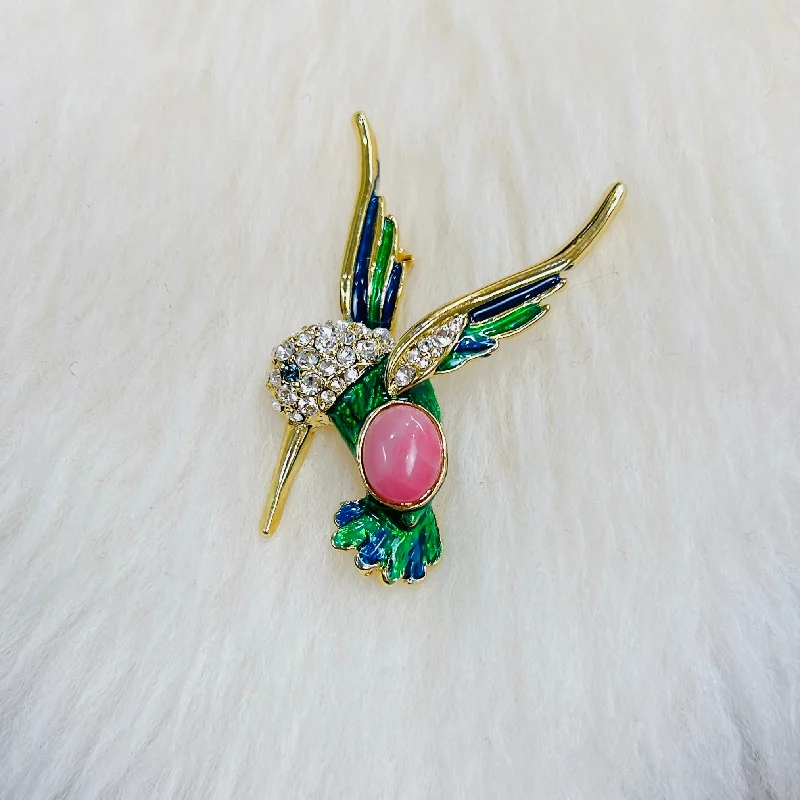 Regency style brooches-Canadian Rhodonite Humming Bird Brooch / Pin Gold Colour