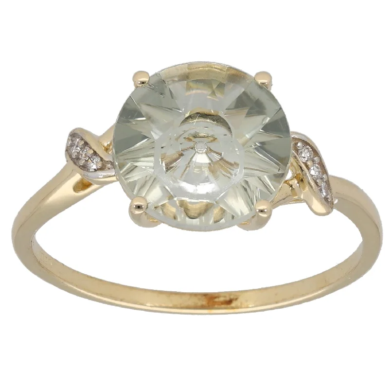 Astrology theme rings-9ct Gold Green Quartz & 0.03ct Diamond Dress/Cocktail Ring Size R