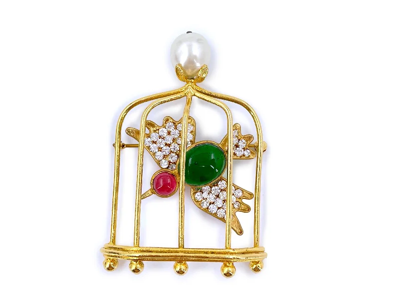 Memory locket brooches-Chanel Vintage Collection 29 Large Gripoix and Crystal Bird Cage Brooch