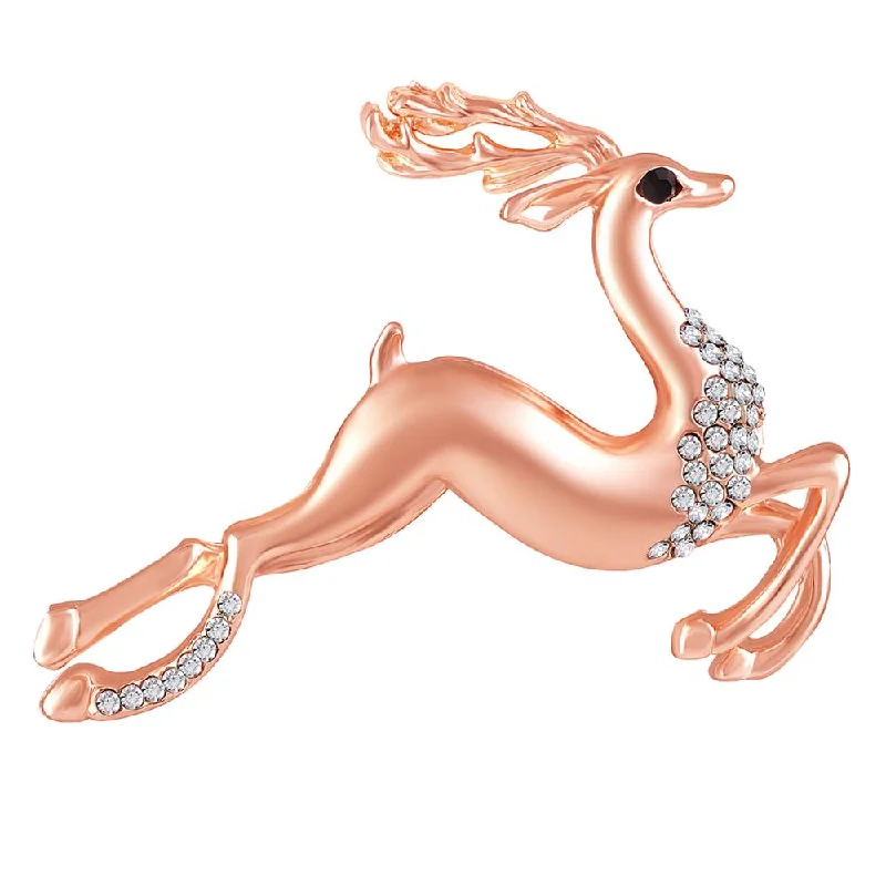 Detailed filigree brooches-Mahi Rose Gold Plated White Crystal Running Deer Shape Wedding Brooch / Saree Pin for Women (BP1101118ZWhi)