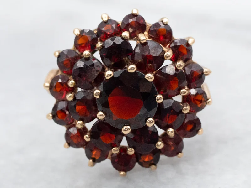 Hexagonal stone rings-Vintage Gold Garnet Doublet Halo Cocktail Ring