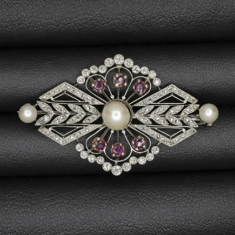 Circular gem brooches-1.90ct VINTAGE DIAMOND PEARL RUBY PIN PLATINUM ART DECO PENDANT NATURAL BROOCH