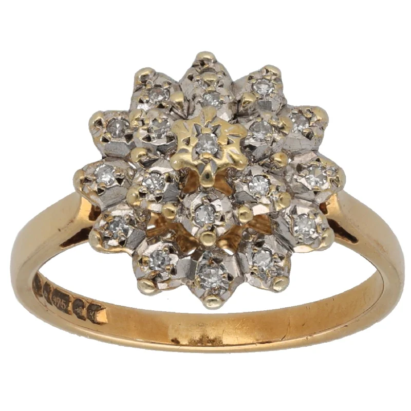 Curved band rings-9ct Gold 0.19ct Diamond Cluster Ring Size N