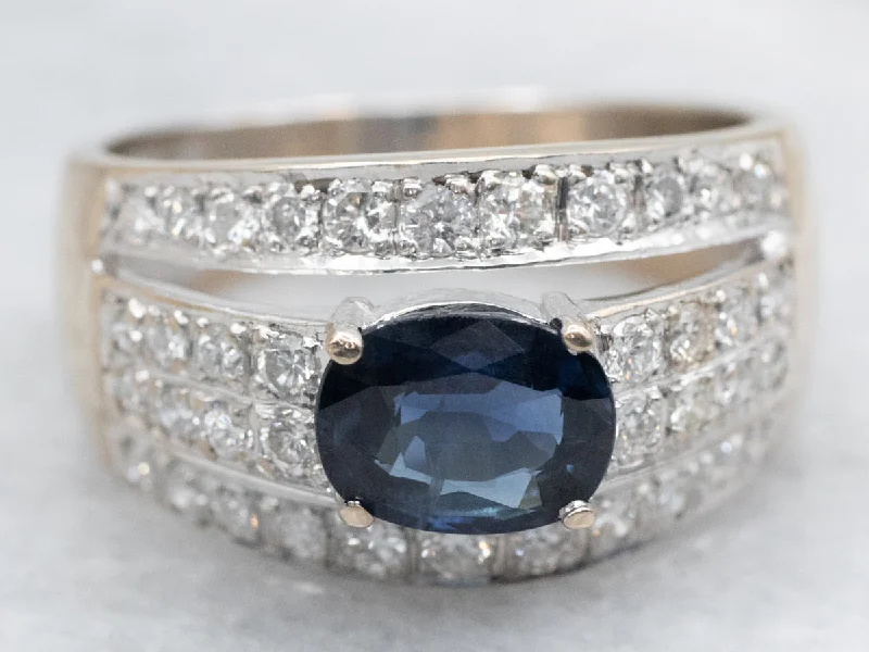 Sleek band rings-Sapphire and Diamond 18K White Gold Statement Ring