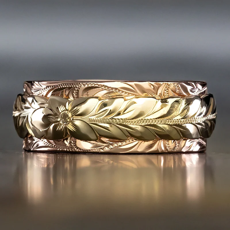 Ornate accent rings-14K Two Tone Gold Ring [8x5mm] Hand Engraved Maile Leaf & Heritage Design