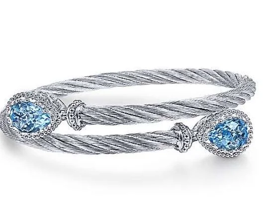 Multi-bead bracelets-925 Sterling Silver and Stainless Steel Twisted Cable Sky Blue Topaz Bypass Bangle