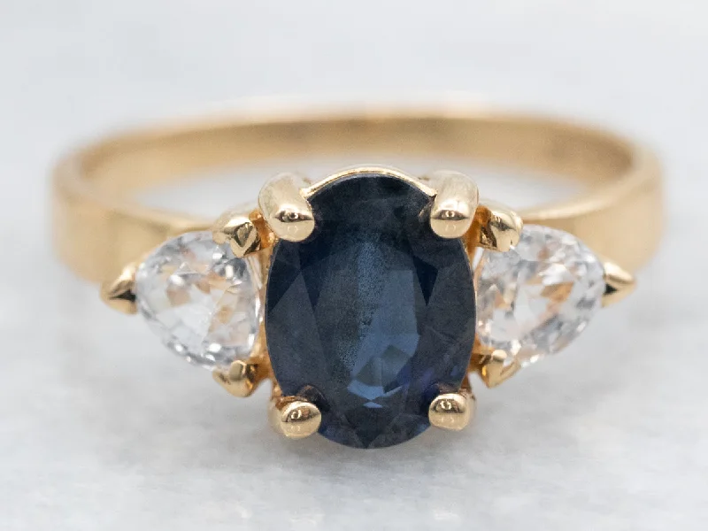 Wide gold rings-Blue and White Sapphire Three Stone Ring