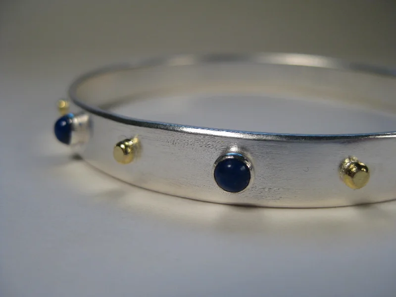 Leaf carved bracelets-Lapis Lazuli Sterling Silver Bangle with 18k Gold Dots