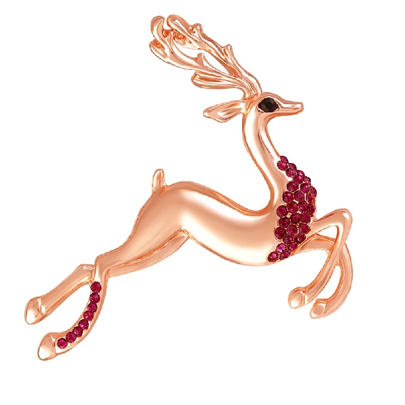 Pentagon shape brooches-Mahi Rose Gold Plated Pink Crystal Running Deer Shape Wedding Brooch / Saree Pin for Women (BP1101117ZPin)