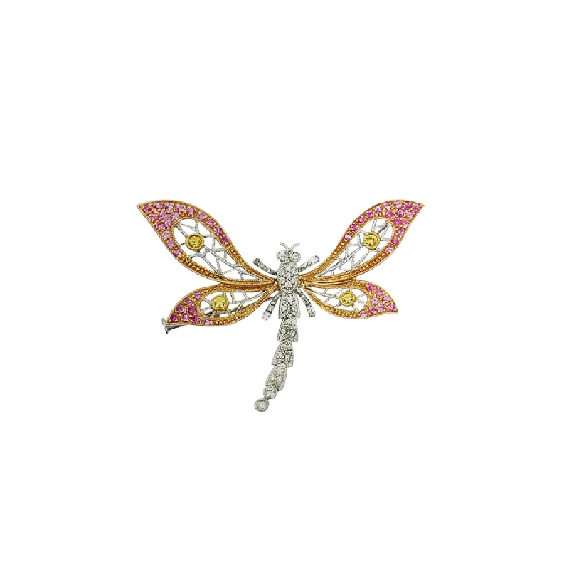 Tiered design brooches-18K Tri Color Gold Dragonfly Brooch With Diamonds And Sapphires