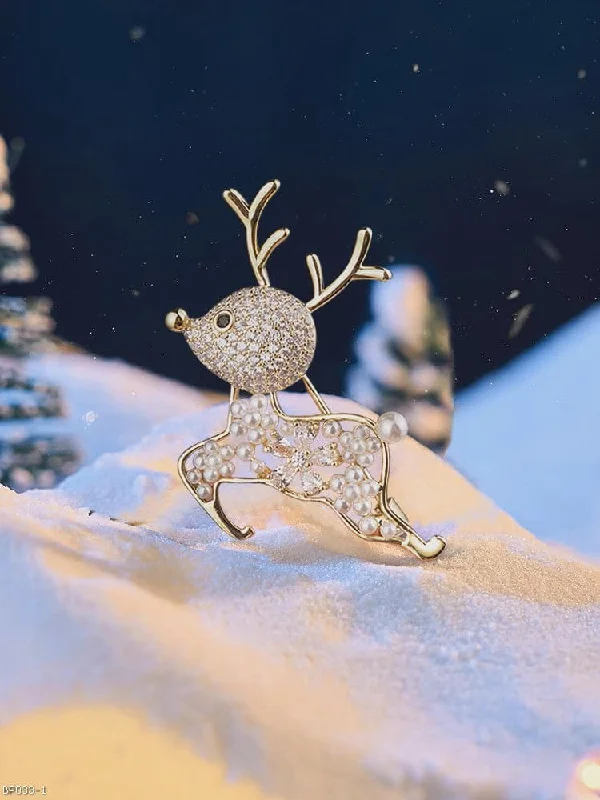 Aged silver brooches-Cute pearl snowflake deer brooch