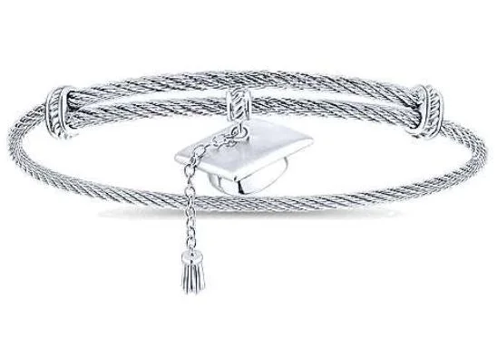 Vintage flair bracelets-Adjustable Stainless Steel Twisted Cable Bangle with Silver Graduation Cap Charm