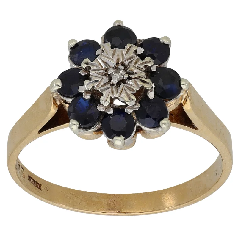 Hand-carved rings-9ct Gold Sapphire & 0.01ct Diamond Cluster Ring Size P