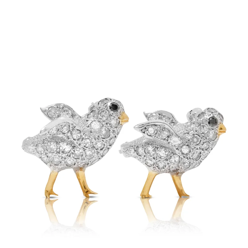 Ethnic motif brooches-Estate Pavé Diamond Brooch Pair Of Animated Baby Chicks