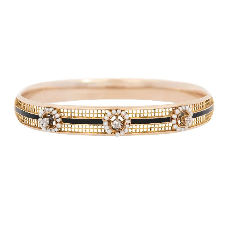 Wood grain bangles-Victorian 15k Diamond, Pearl, and Enamel Bangle