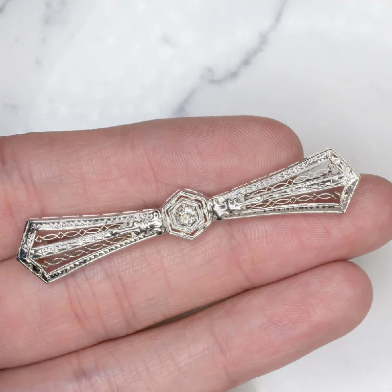 Retro medallion brooches-ART DECO DIAMOND 18K WHITE GOLD BOW TIE STICK PIN PENDANT VINTAGE 1920s BROOCH