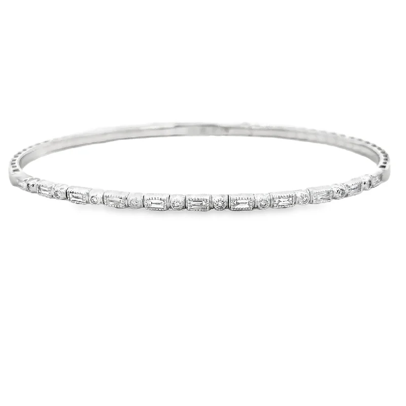 Sleek chain bracelets-Flexible Baguette and Round Cut Diamond Bangle in White Gold