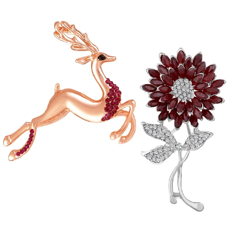 Horoscope charm brooches-Mahi Combo of Brown and white Crystals with Gold and Rhodium Plating Floral, Deer-Shaped Wedding Brooch for Women (CO1105636M)