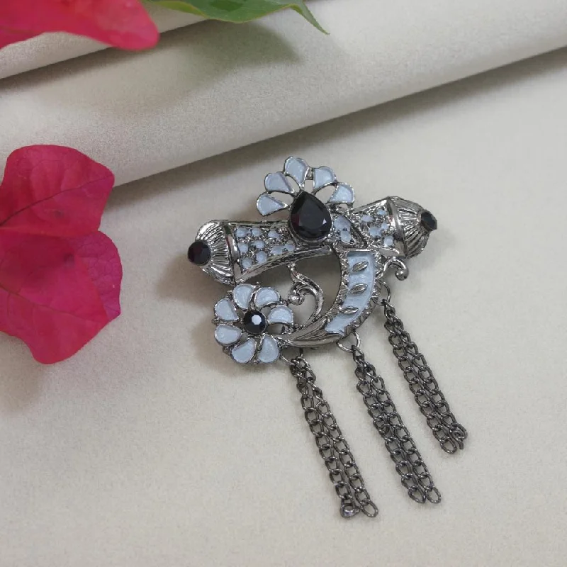 Daisy motif brooches-Etnico Silver Oxidised Traditional Stone Drop Safa Kalangi Brooch for Groom/Men/Dulha Pagadi (SM76OXGr)